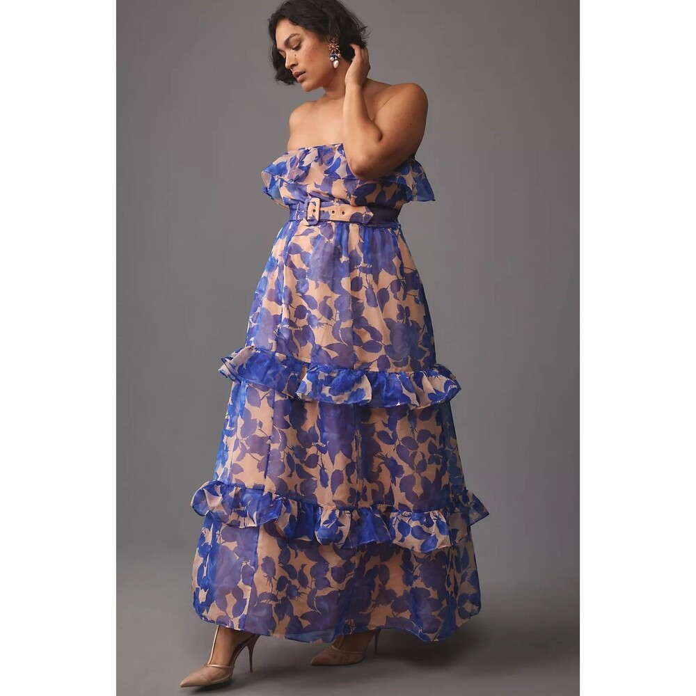 Anthropologie Strapless Tiered Maxi Dress Blue Floral 3X NO BELT, NEW - Picture 2 of 3